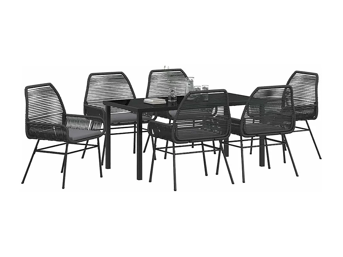 Ensemble de salle à manger de jardin 7 pièces avec coussins noir poly rattan