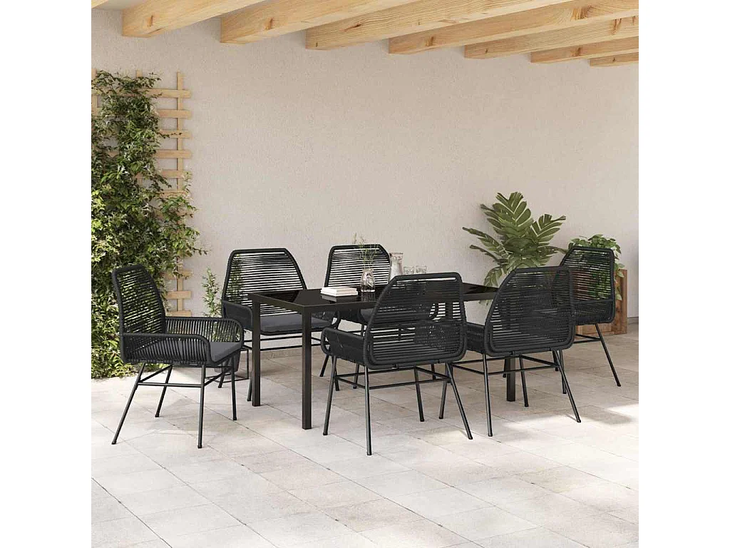 Ensemble de salle à manger de jardin 7 pièces avec coussins noir poly rattan