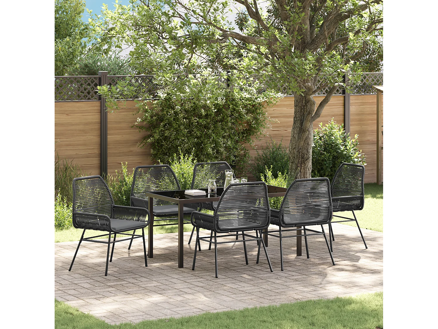 7-teiliges Garten-Ess-Set mit Kissen, schwarzes Polyrattan