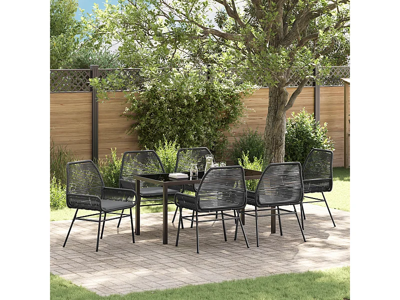 Ensemble de salle à manger de jardin 7 pièces avec coussins noir poly rattan