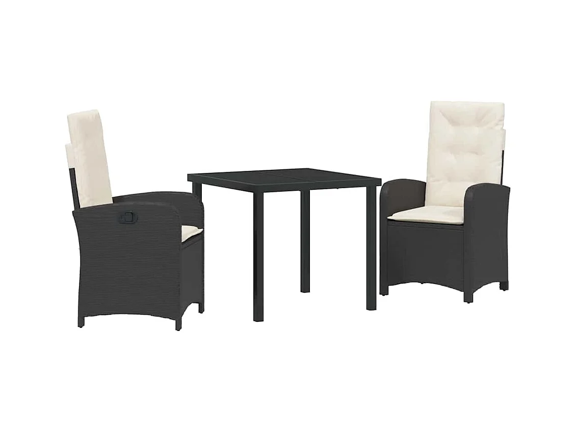 3-teiliges Garten-Essset mit schwarzen Polyrattan-Kissen