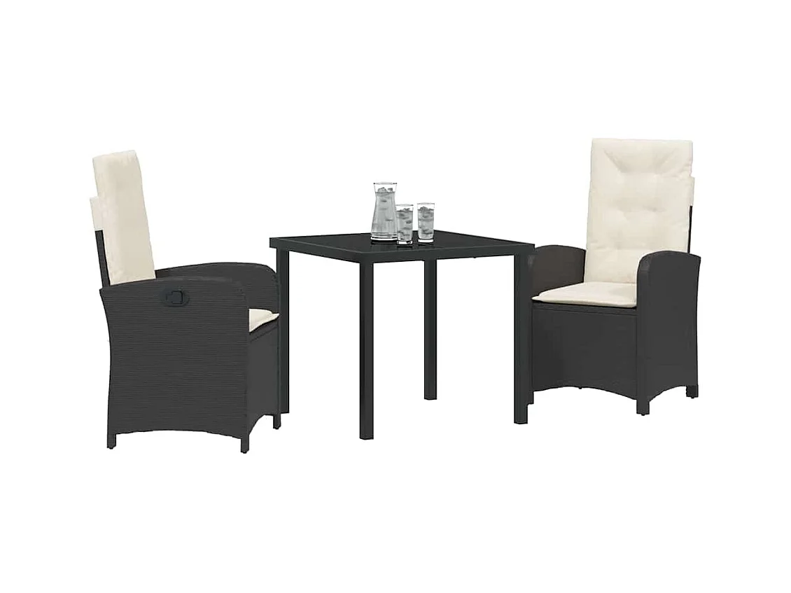 3-teiliges Garten-Essset mit schwarzen Polyrattan-Kissen