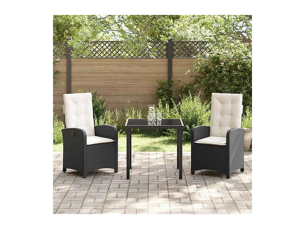 3-teiliges Garten-Essset mit schwarzen Polyrattan-Kissen