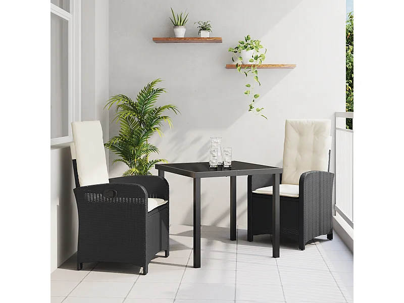 Set da pranzo da giardino composto da 3 pezzi con cuscini in polyrattan nero