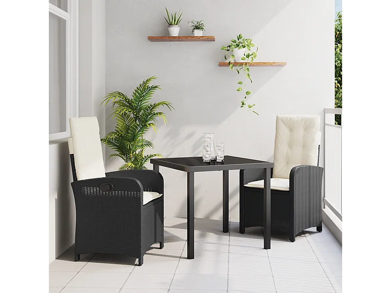 Set da pranzo da giardino composto da 3 pezzi con cuscini in polyrattan nero