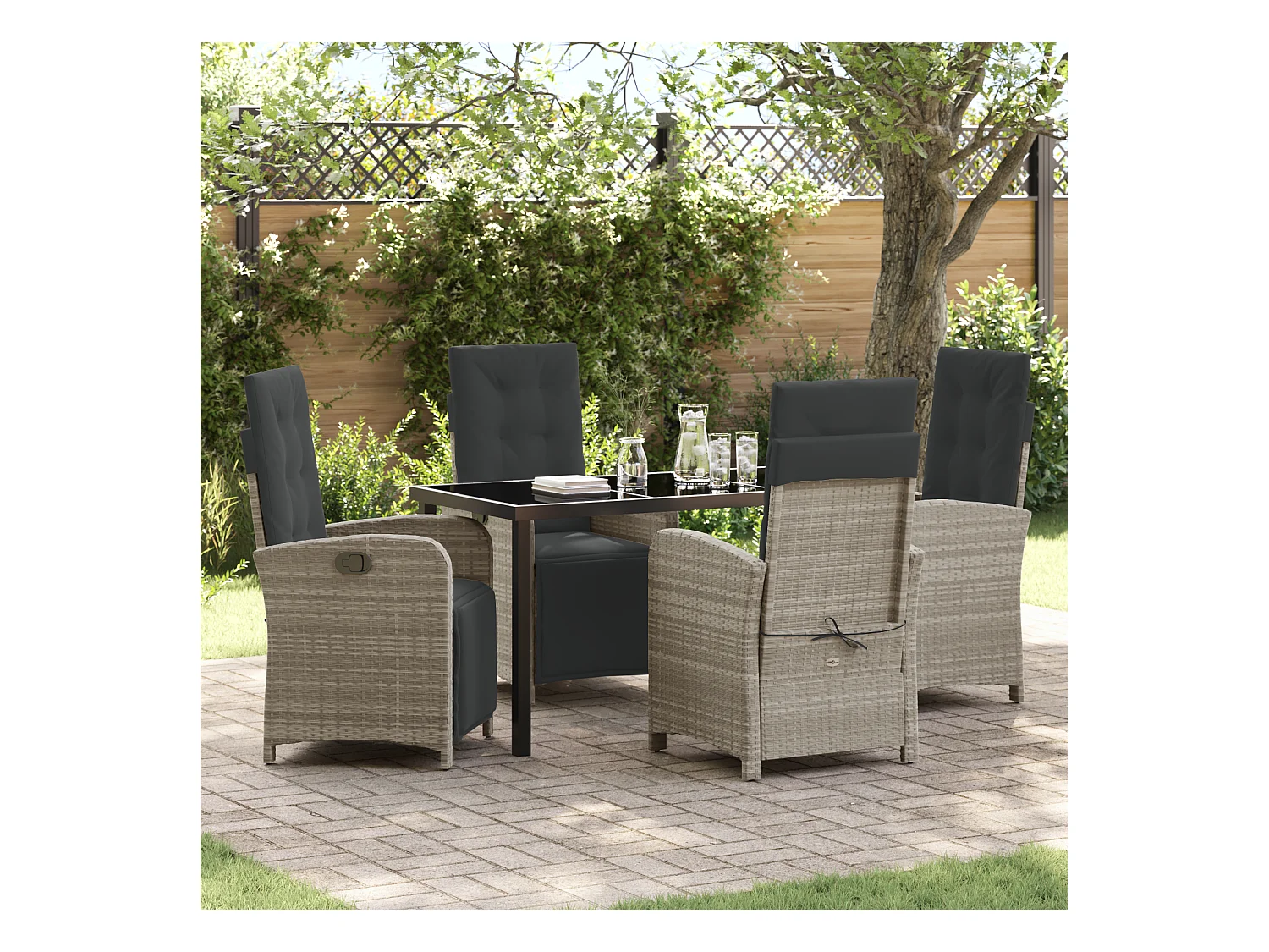 Set da giardino da 5 pezzi con cuscini in rattan grigio chiaro