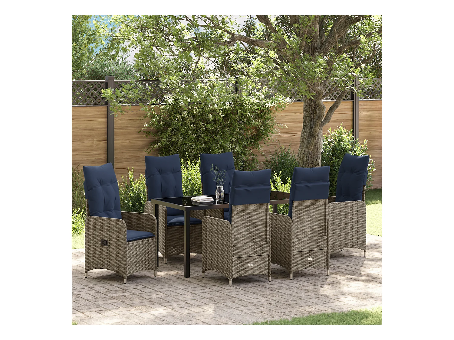 Set da pranzo da giardino da 7 pezzi con cuscini in polyrattan nero
