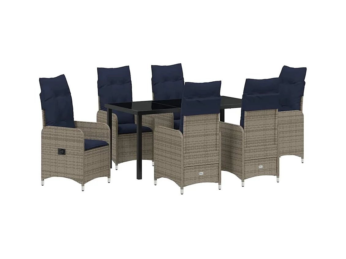 Set da pranzo da giardino da 7 pezzi con cuscini in polyrattan nero