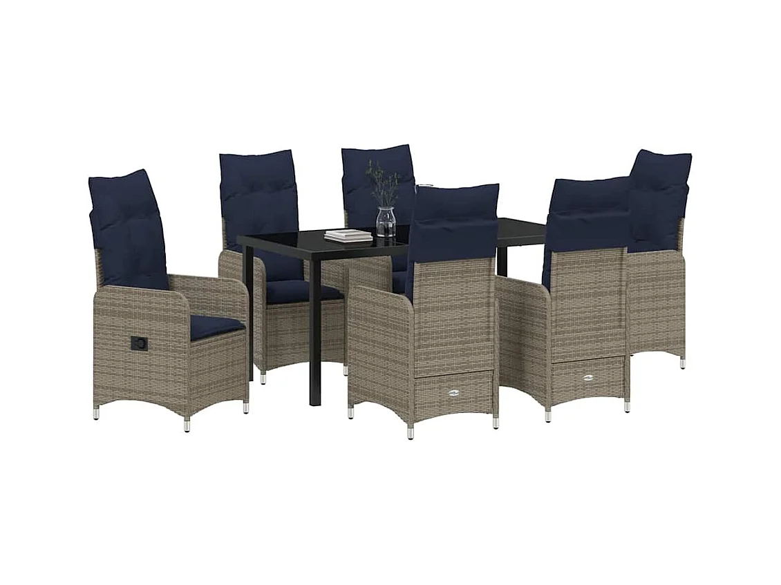 Set da pranzo da giardino da 7 pezzi con cuscini in polyrattan nero