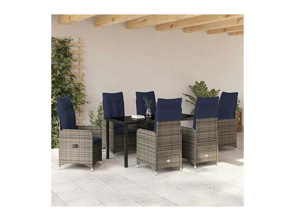 Set da pranzo da giardino da 7 pezzi con cuscini in polyrattan nero