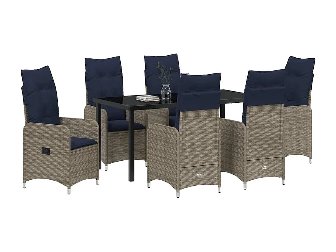 Juego de comedor de jardín de 7 piezas con cojines de ratán sintético negro