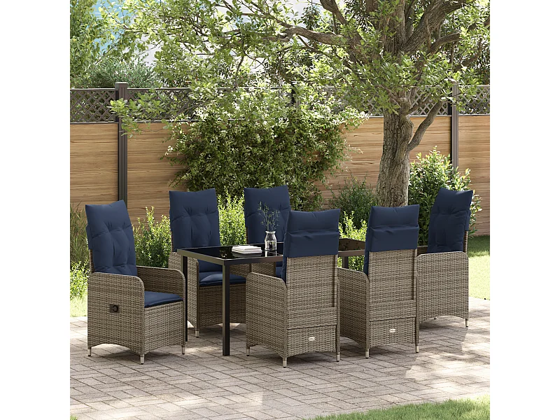 Set da pranzo da giardino da 7 pezzi con cuscini in polyrattan nero