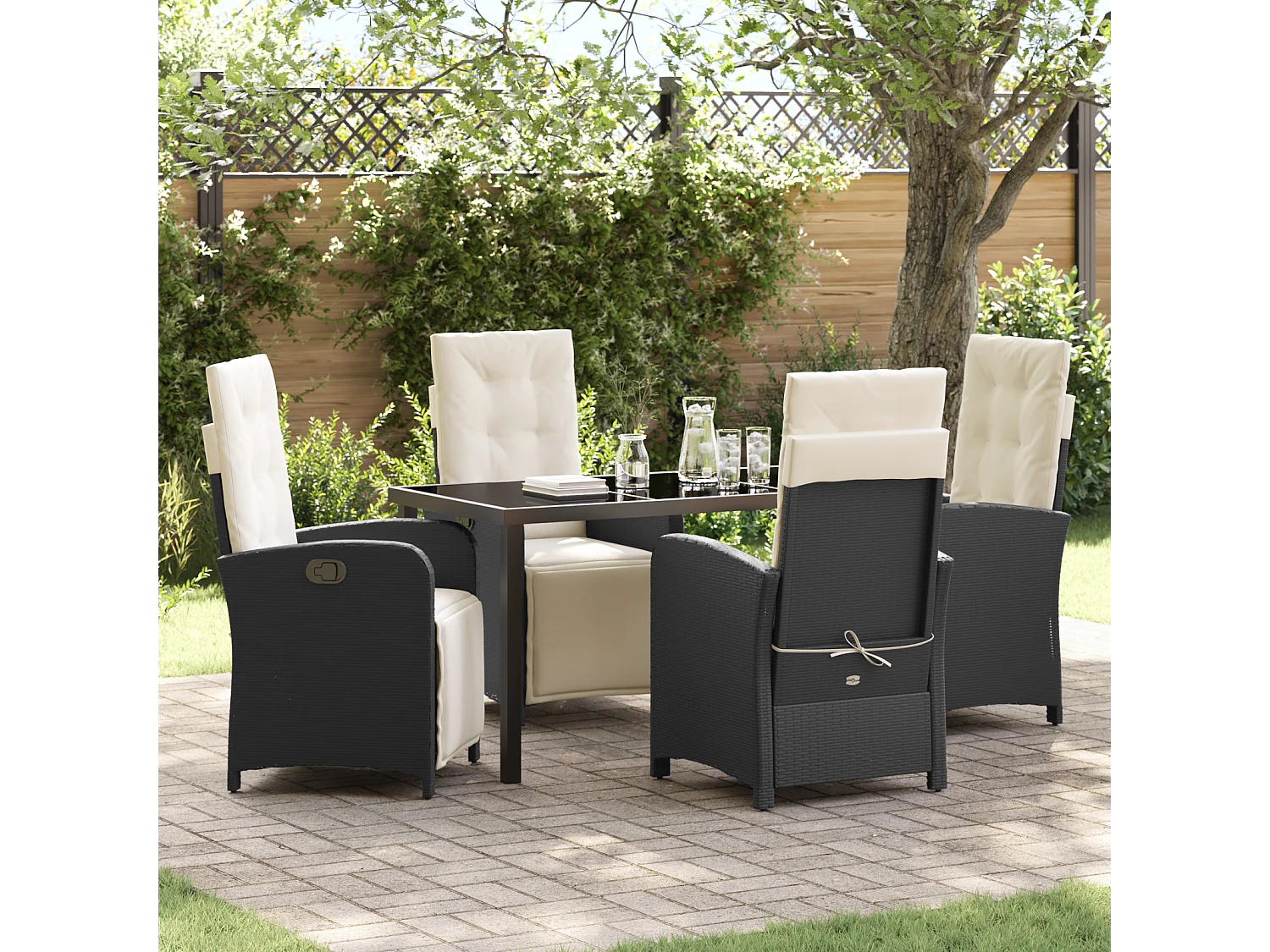 Set da pranzo da giardino 5 pezzi con cuscini in rattan sintetico nero