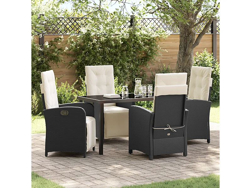 Set da pranzo da giardino 5 pezzi con cuscini in rattan sintetico nero