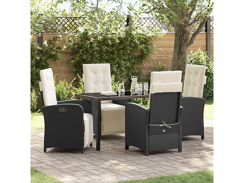 Set da pranzo da giardino 5 pezzi con cuscini in rattan sintetico nero