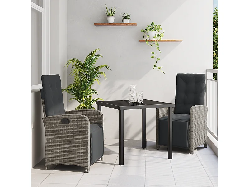 Set da pranzo da giardino 3 pezzi con cuscini in polyrattan grigio