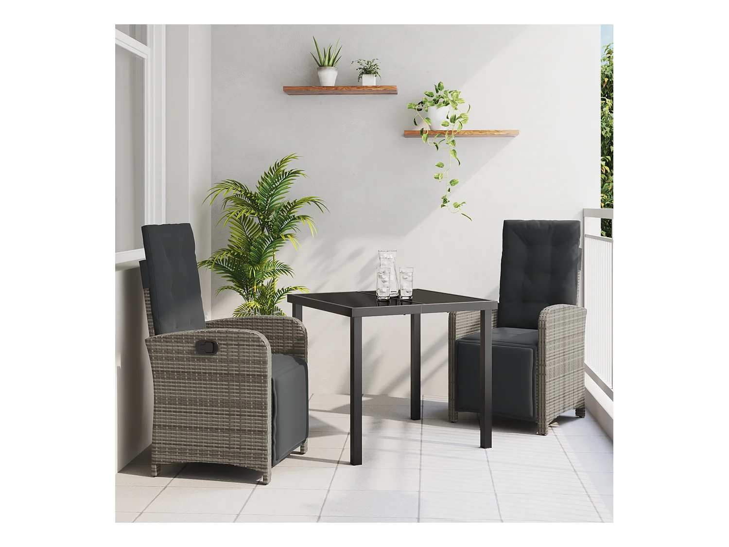 Set da pranzo da giardino 3 pezzi con cuscini in polyrattan grigio