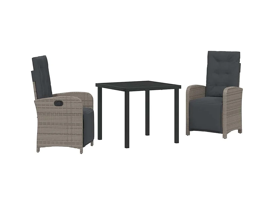 Set da pranzo da giardino 3 pezzi con cuscini in polyrattan grigio