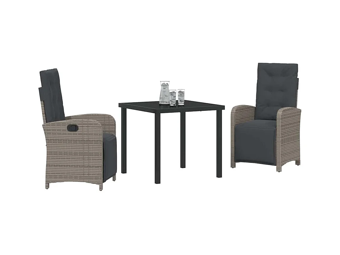 Set da pranzo da giardino 3 pezzi con cuscini in polyrattan grigio