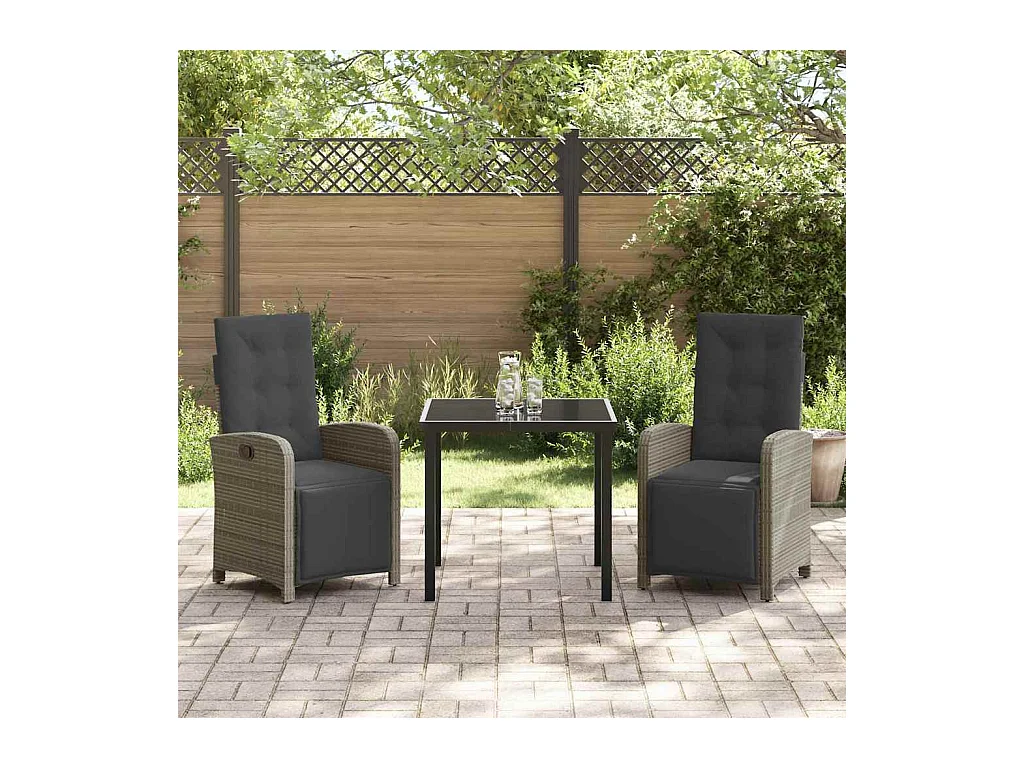 Set da pranzo da giardino 3 pezzi con cuscini in polyrattan grigio