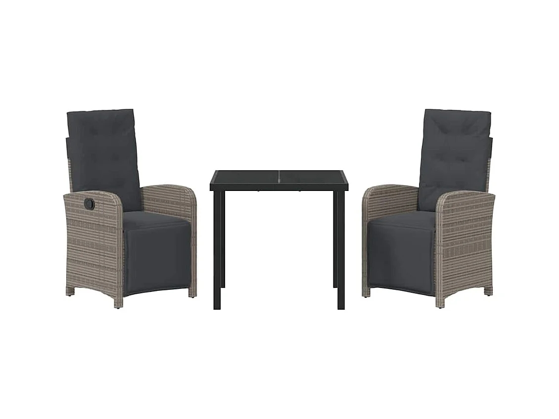 Set da pranzo da giardino 3 pezzi con cuscini in polyrattan grigio