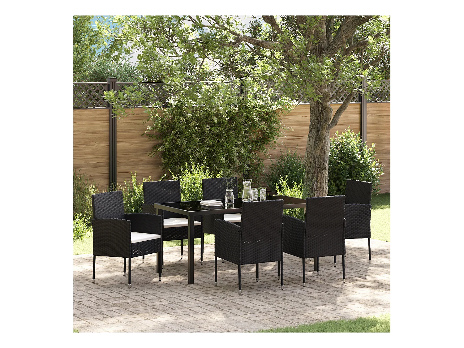Set da pranzo da giardino da 7 pezzi con cuscini in polyrattan nero