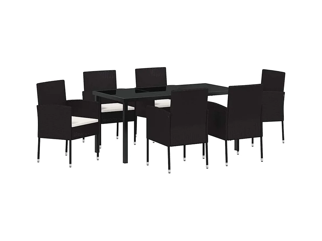Set da pranzo da giardino da 7 pezzi con cuscini in polyrattan nero