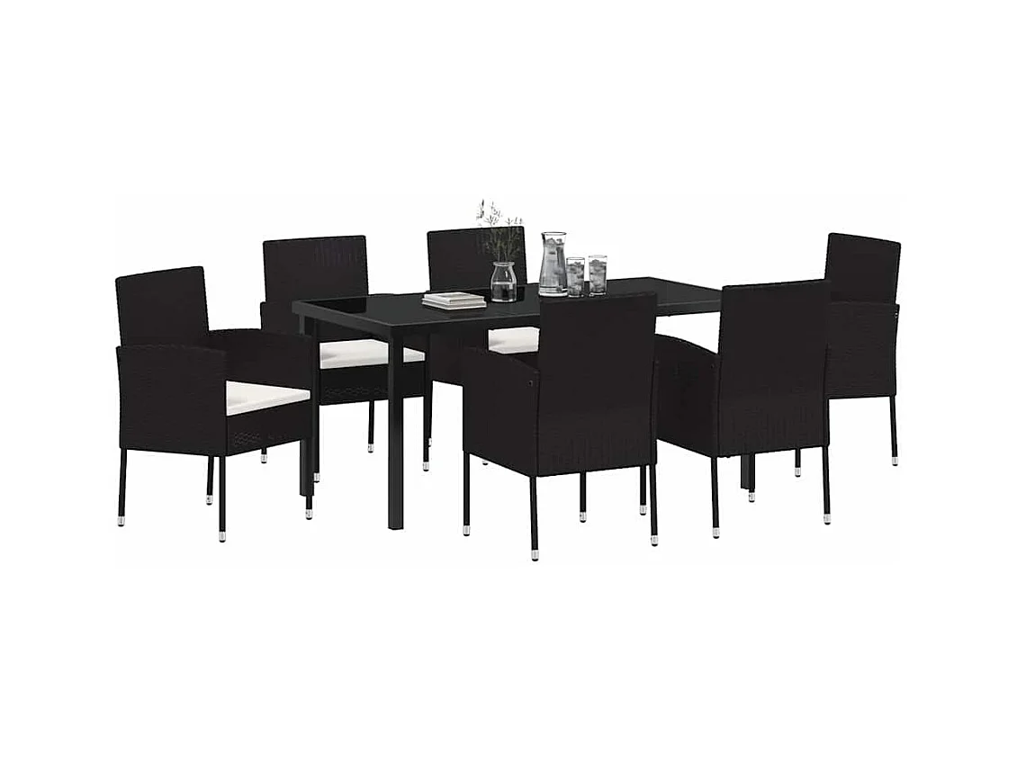 Set da pranzo da giardino da 7 pezzi con cuscini in polyrattan nero