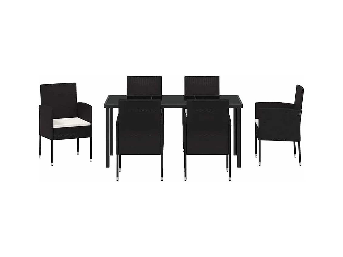 Set da pranzo da giardino da 7 pezzi con cuscini in polyrattan nero