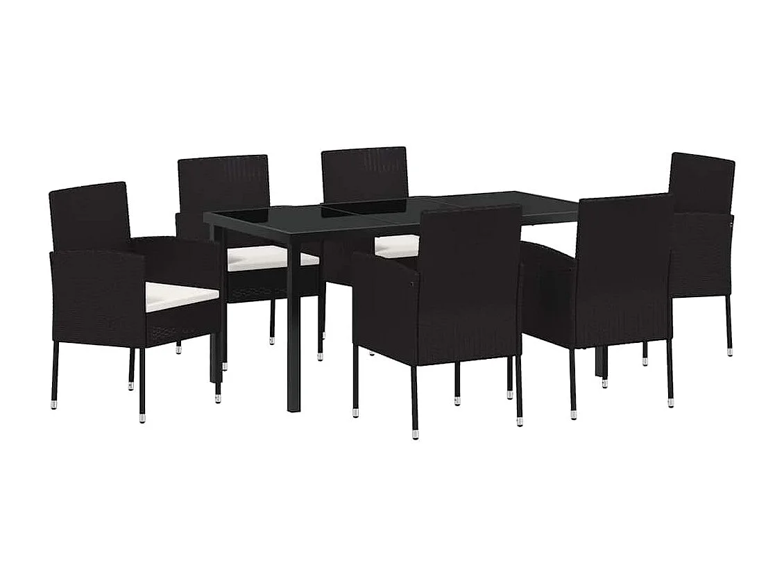 Juego de comedor de jardín de 7 piezas con cojines de ratán sintético negro