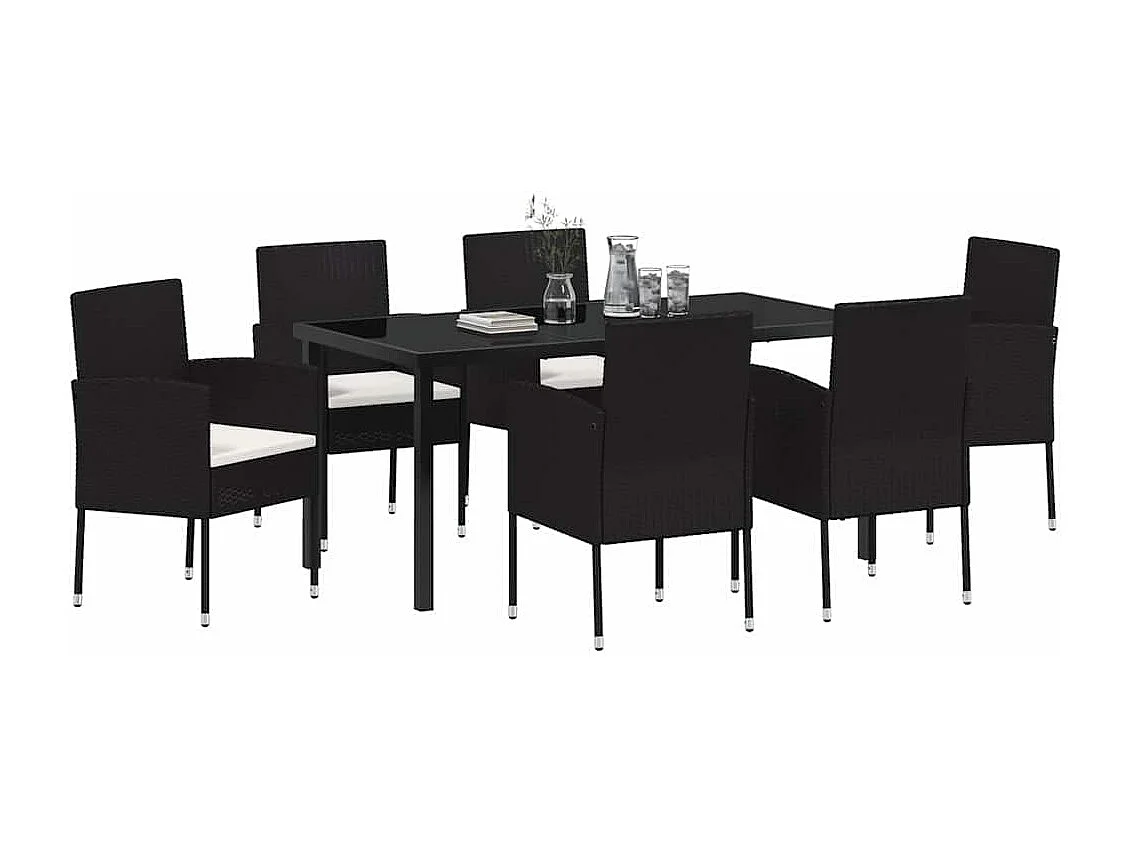 Juego de comedor de jardín de 7 piezas con cojines de ratán sintético negro