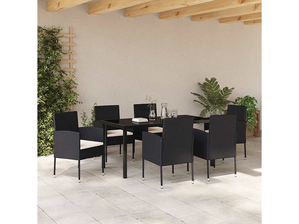 Juego de comedor de jardín de 7 piezas con cojines de ratán sintético negro
