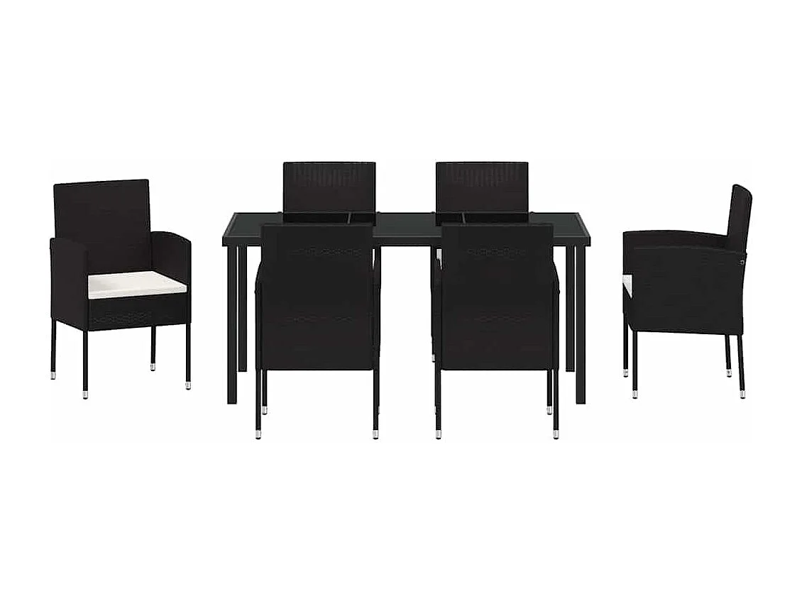 Juego de comedor de jardín de 7 piezas con cojines de ratán sintético negro