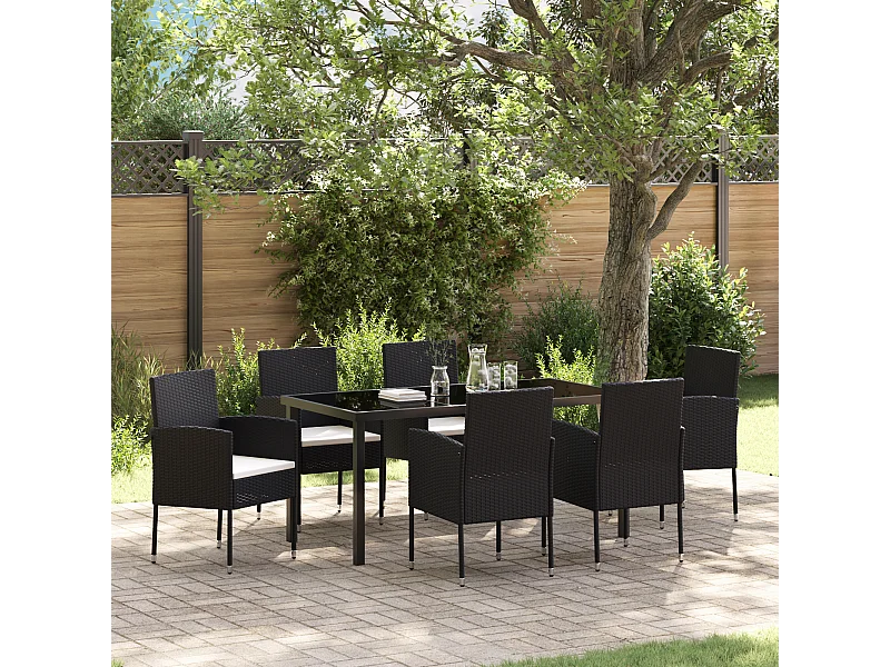 Ensemble de salle à manger de jardin de 7 pièces avec coussins en poly rattan noir