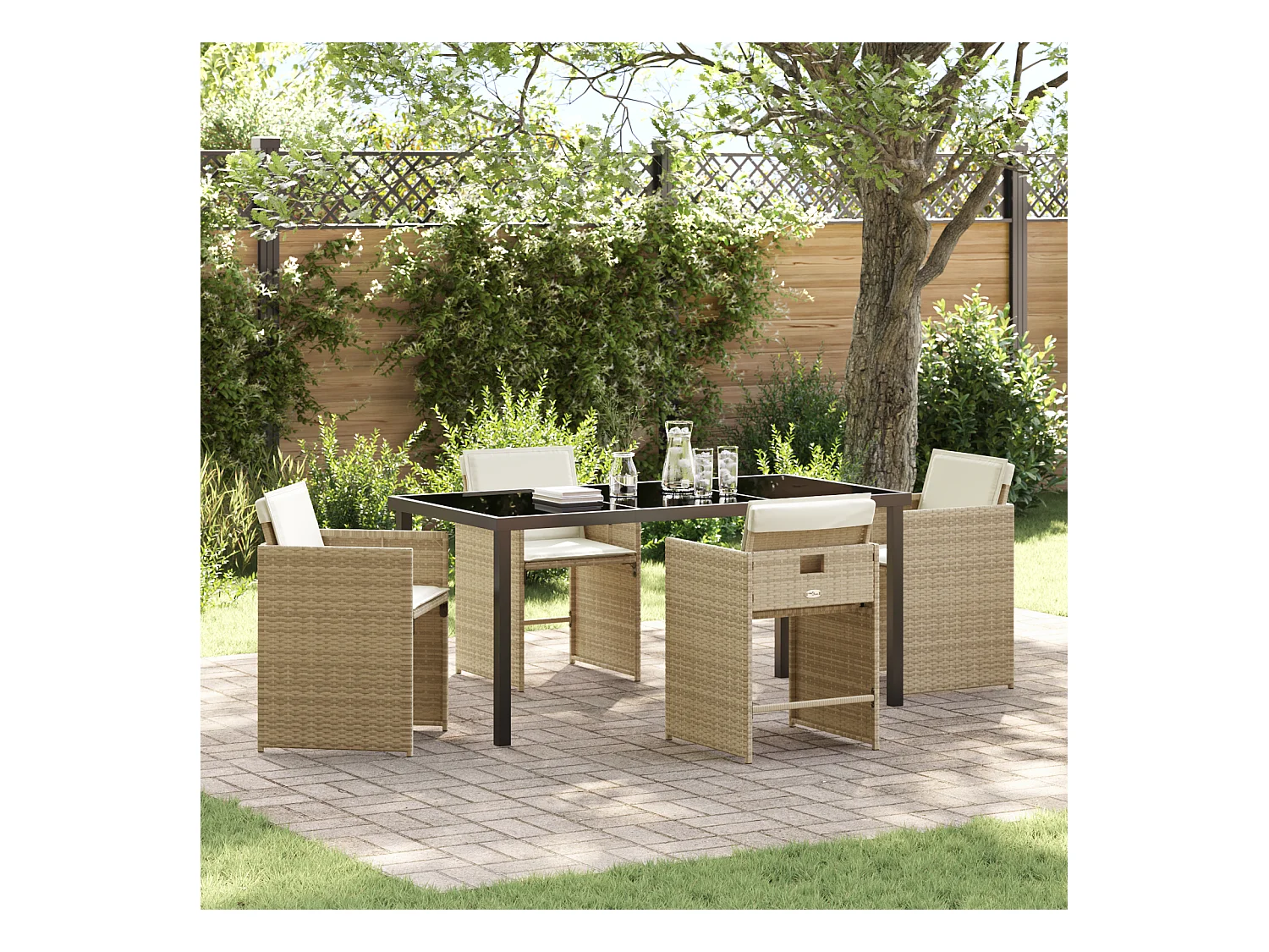 Set da pranzo da giardino 5 pezzi con cuscini - Polyrattan beige