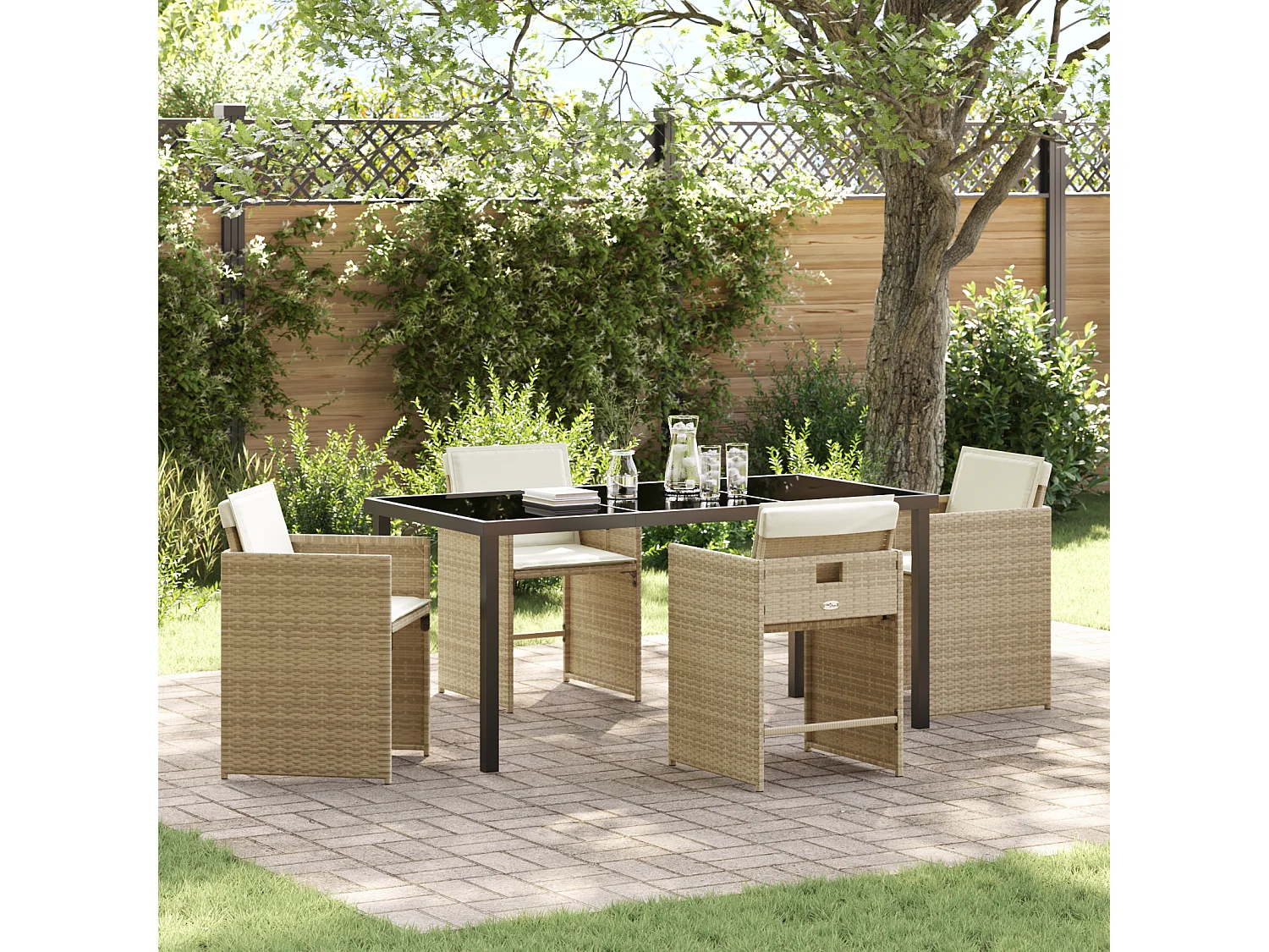 5-delige tuinset met kussens - beige polyrotan