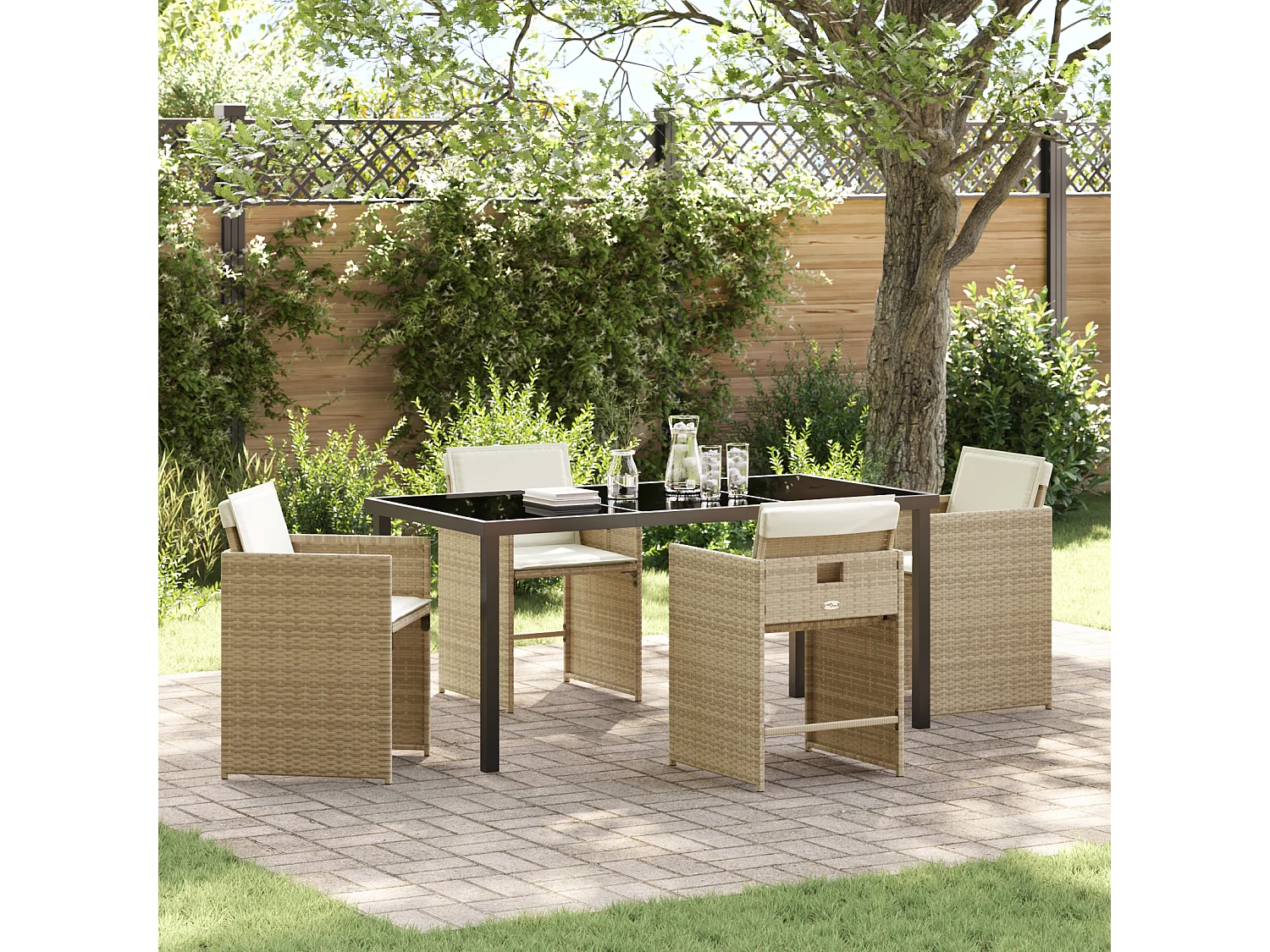 Set de salle à manger de jardin de 5 pièces avec coussins - Rotin poly beige