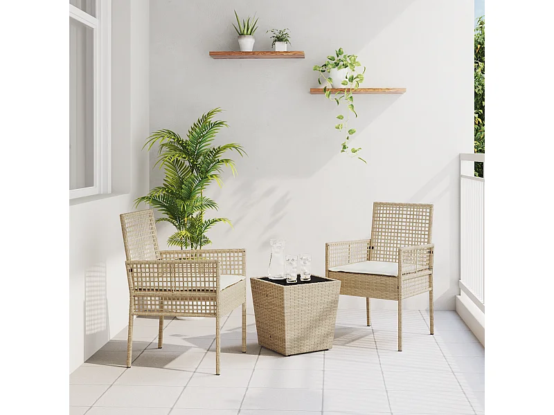 Set da bistrot da giardino 3 pezzi con cuscini beige in polyrattan