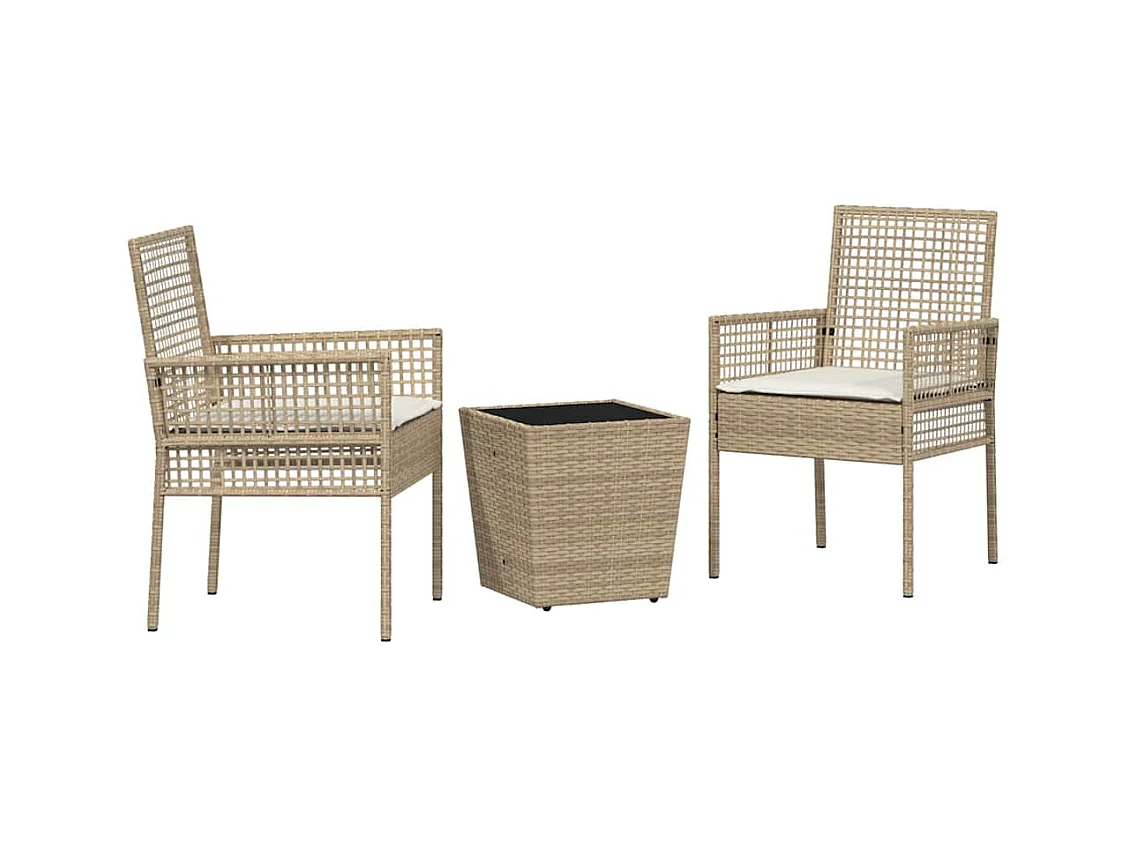 Set da bistrot da giardino 3 pezzi con cuscini beige in polyrattan