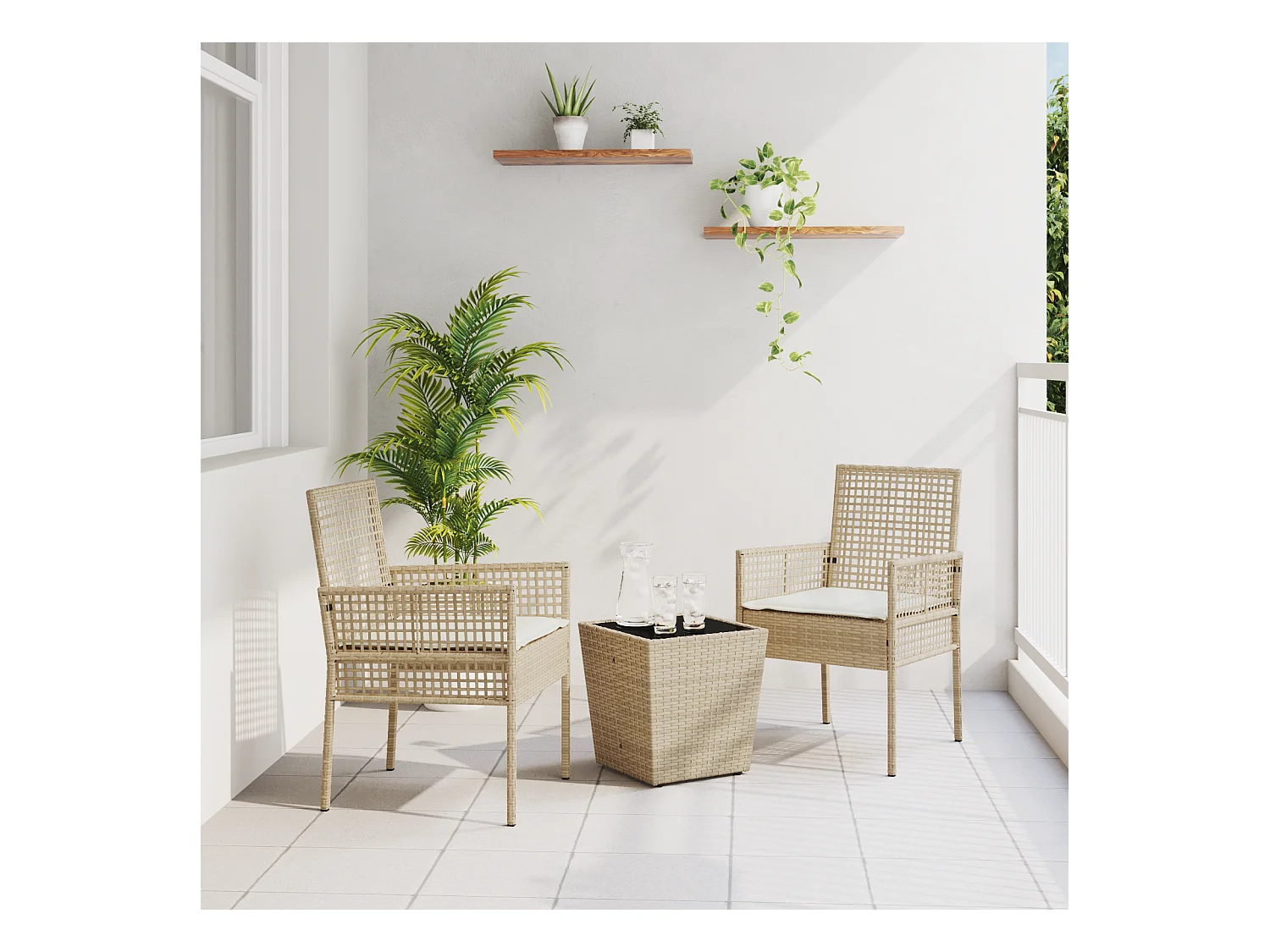 3-delige tuinbistroset met beige kussens van polyrotan