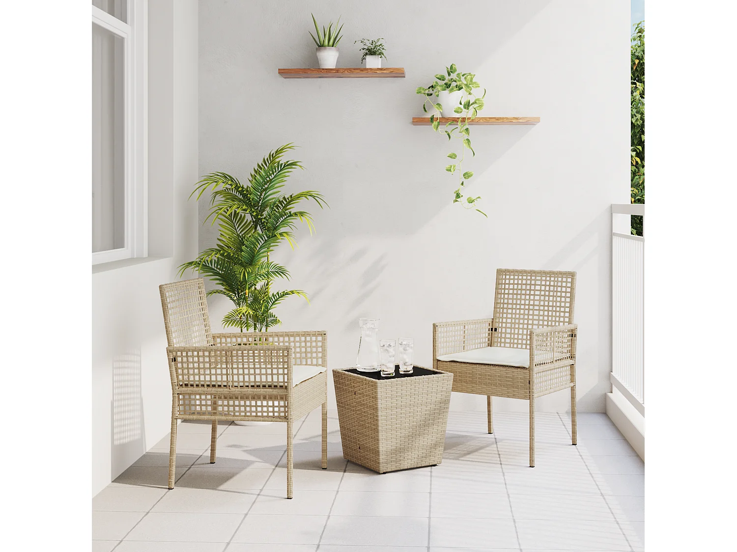 Ensemble Bistro de Jardin 3 Pièces avec Coussins Beige en Poly Rattan