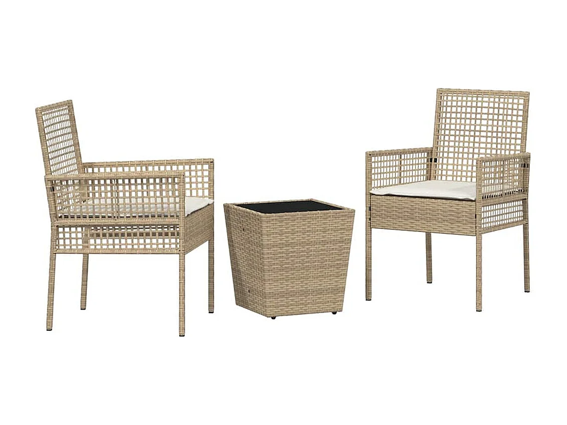 Ensemble Bistro de Jardin 3 Pièces avec Coussins Beige en Poly Rattan