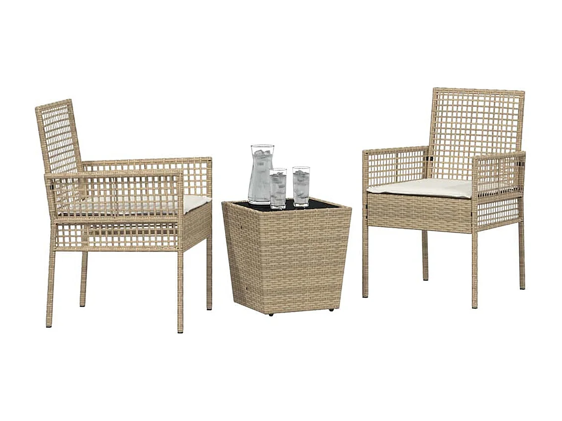 Ensemble Bistro de Jardin 3 Pièces avec Coussins Beige en Poly Rattan