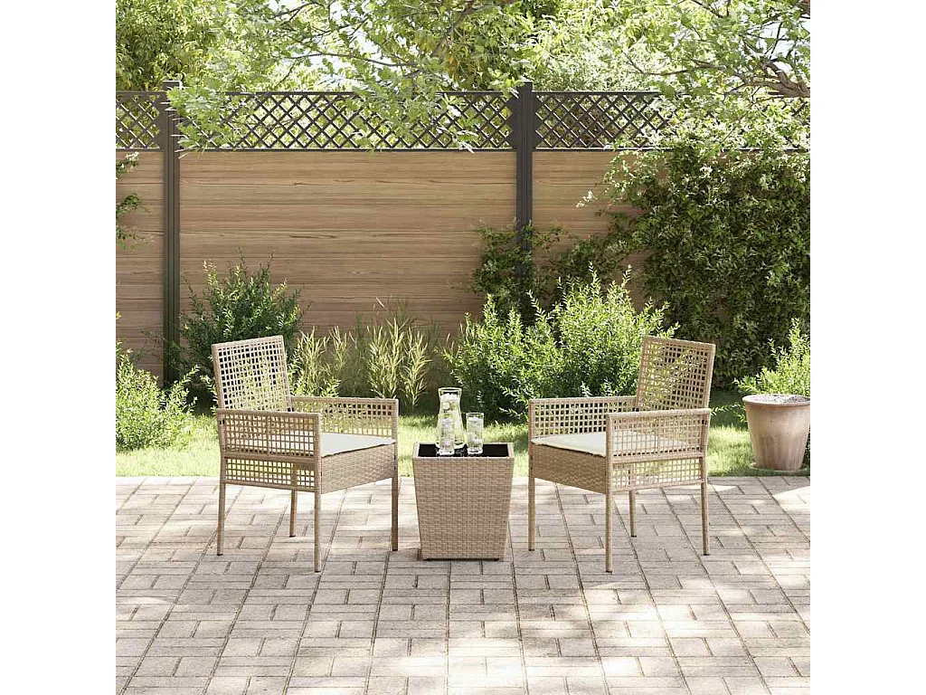 Ensemble Bistro de Jardin 3 Pièces avec Coussins Beige en Poly Rattan