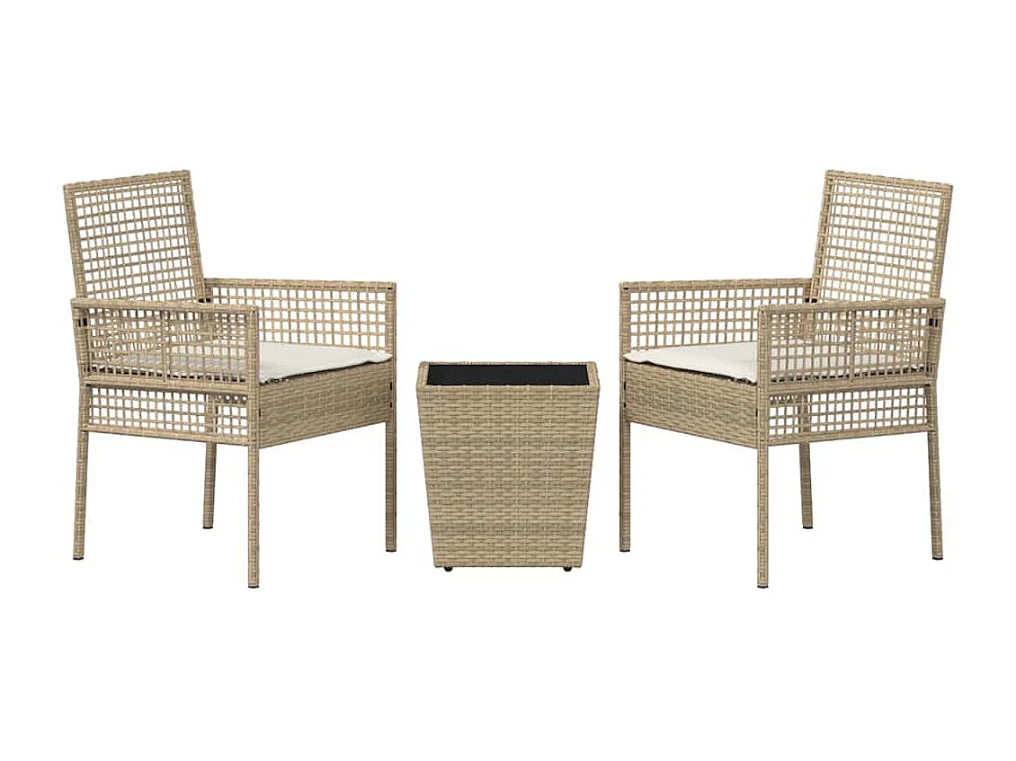Ensemble Bistro de Jardin 3 Pièces avec Coussins Beige en Poly Rattan