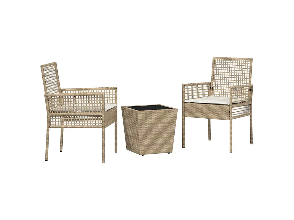 Ensemble Bistro de Jardin 3 Pièces avec Coussins Beige en Poly Rattan