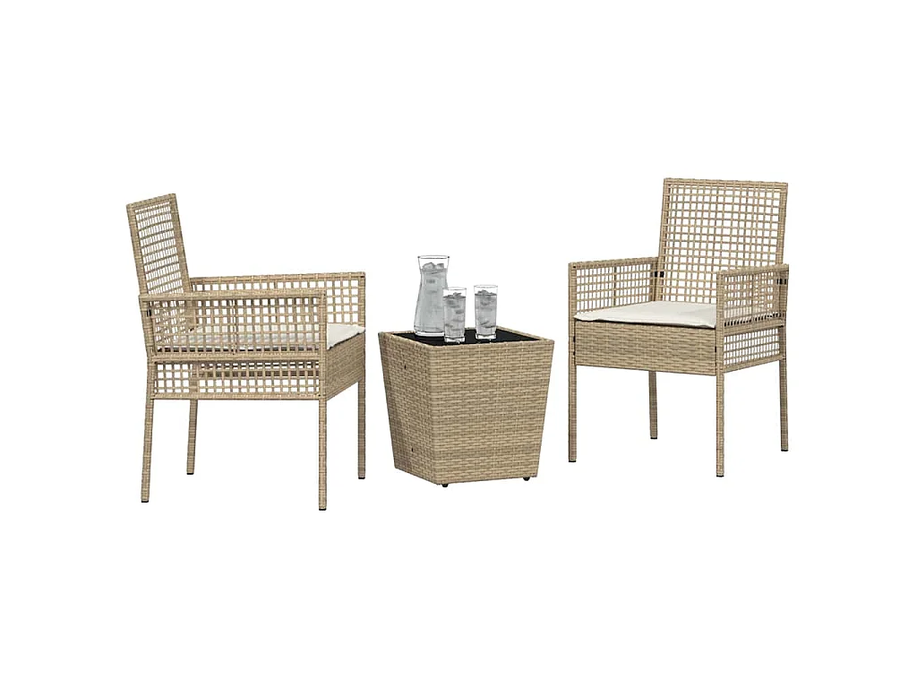 Ensemble Bistro de Jardin 3 Pièces avec Coussins Beige en Poly Rattan