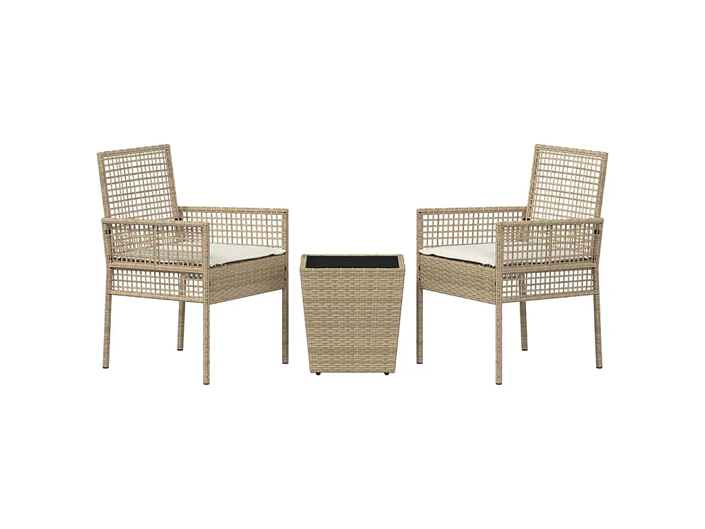 Ensemble Bistro de Jardin 3 Pièces avec Coussins Beige en Poly Rattan