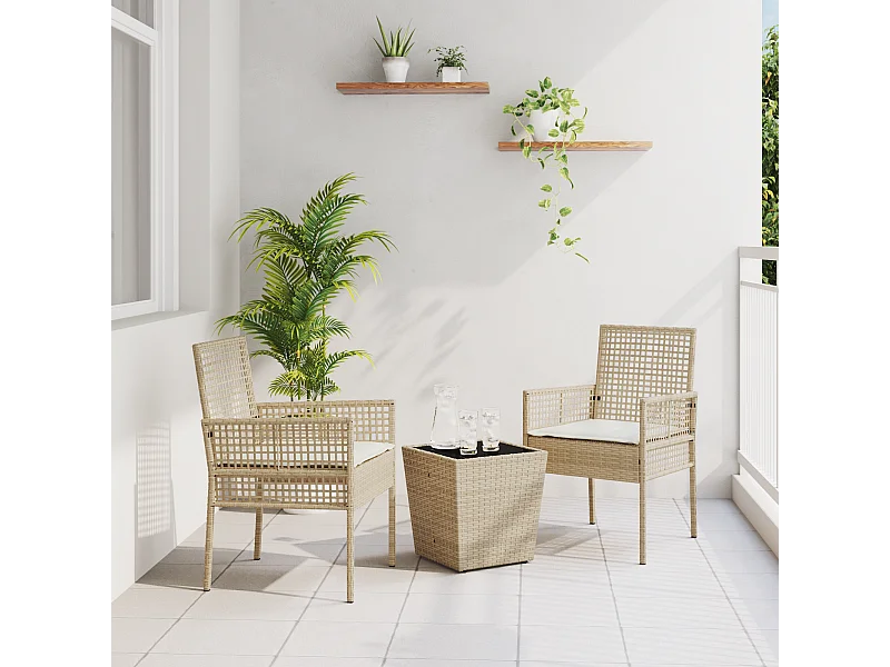 3-delige tuinbistroset met beige kussens van polyrotan