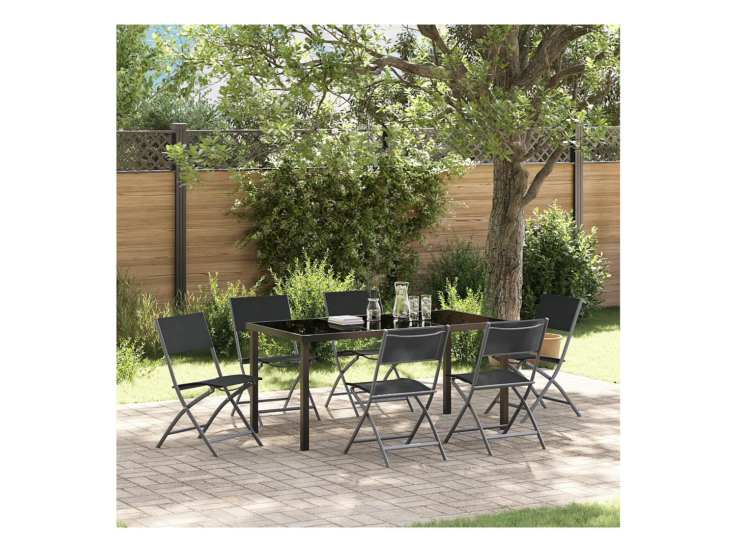 Set da pranzo da giardino in textilene e acciaio nero da 7 pezzi